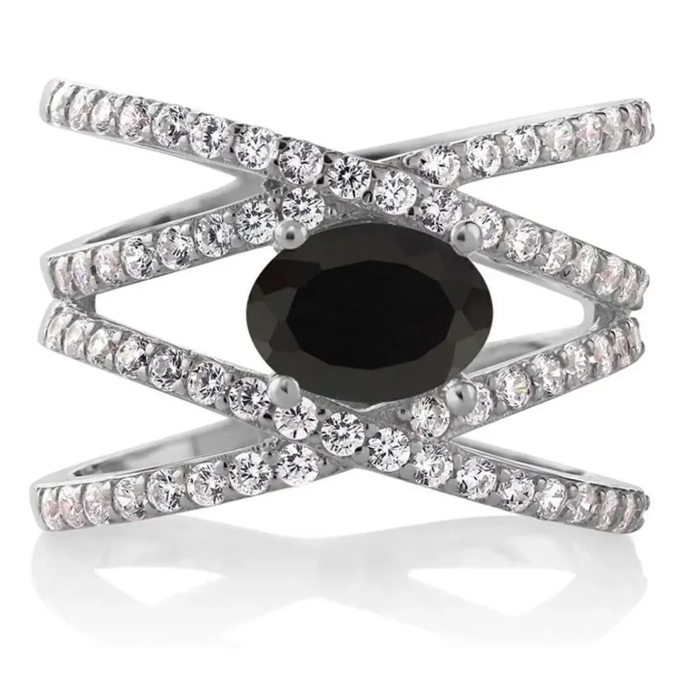 .925 Sterling Silver with Natural Black Onyx and Diamond Cubic Zirconia Ring